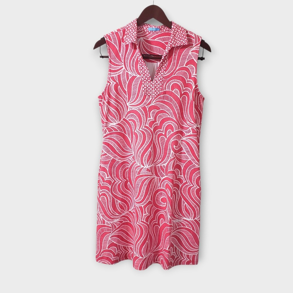J. Mclaughlin Pink Geo Swirl Collared Sleeveless Midi Dress Med Catalina Cloth